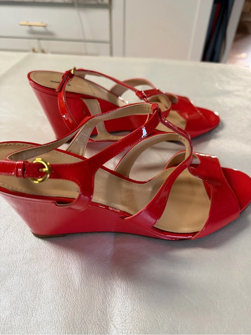 J. Crew Orange Papyra Patent Leather Strappy Wedge Sandals